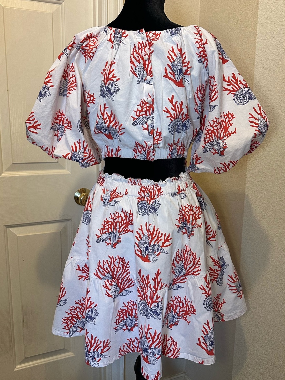 Anthropologie Priya Israni Coral Seashell Puff Sleeve Cutout Mini Dress S - Picture 4 of 14